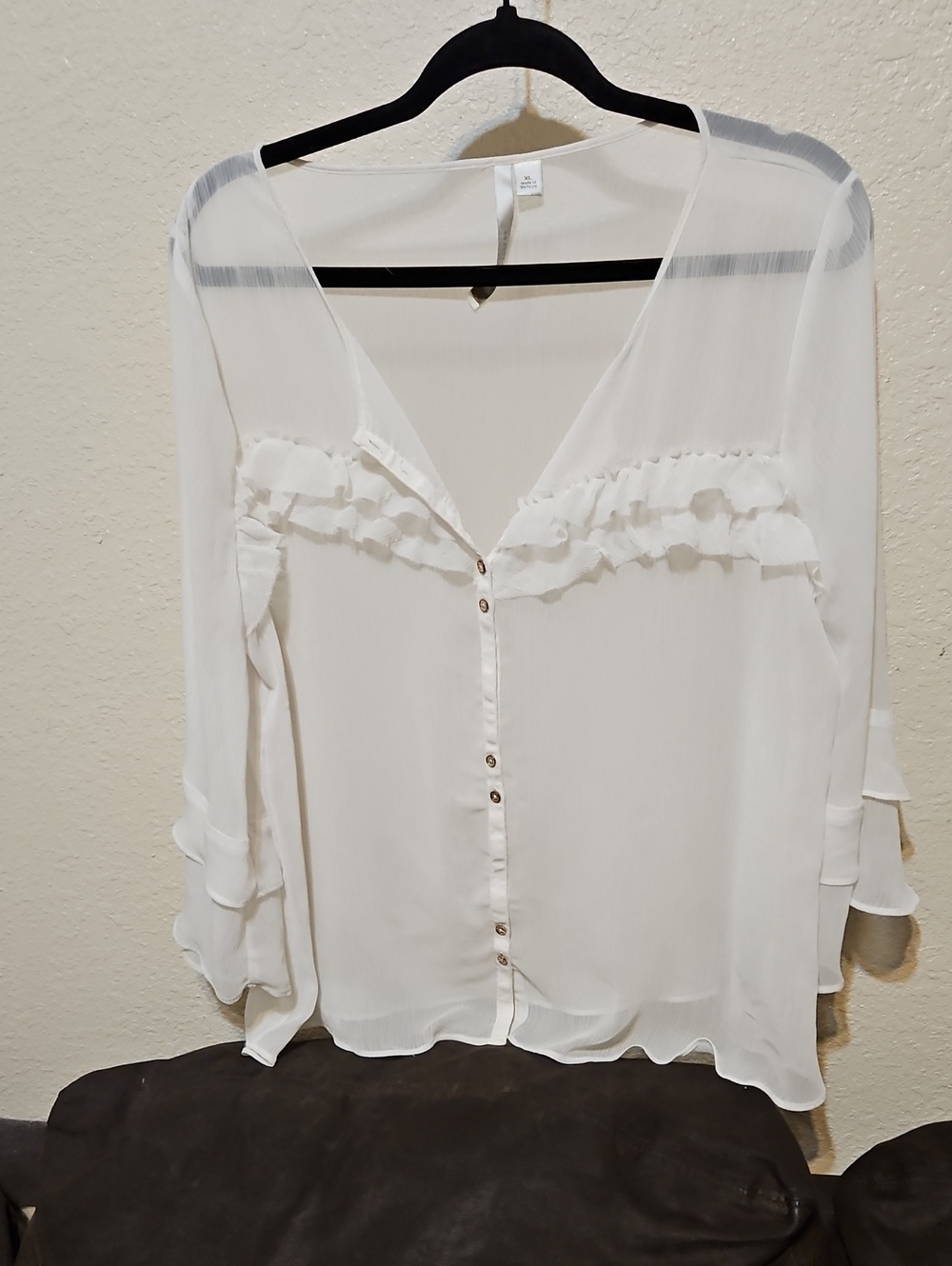 LC Lauren Conrad Sheer White Ruffle-Trim Button Down Blouse